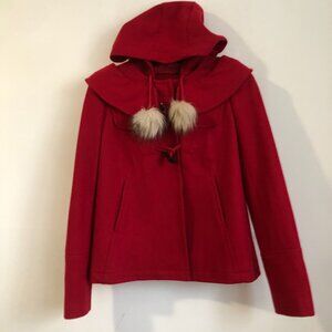 Juicy Couture Toggle Pea coat Removable hood w/faux fur pompoms Wool Red Small